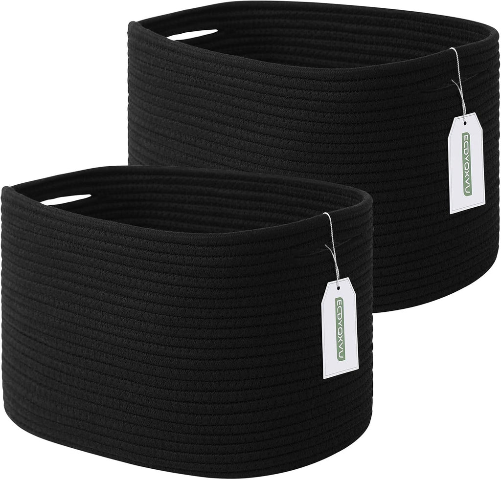 ECDYQXVU 15x10x9 Inch Woven Cotton Rope Storage Basket, Black, 2 Pack