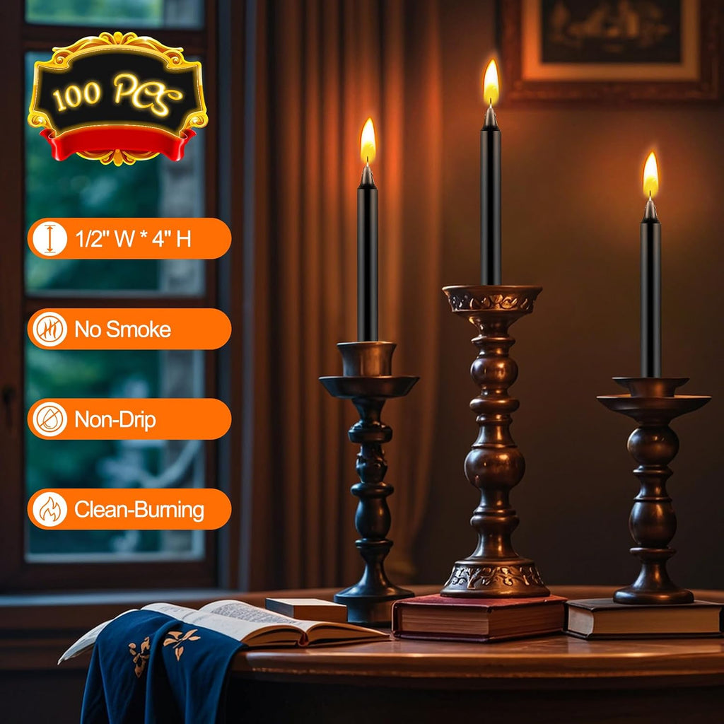 100 Pack Black Spell Chime Candles, 4 Inch Small Taper Candles for Rituals