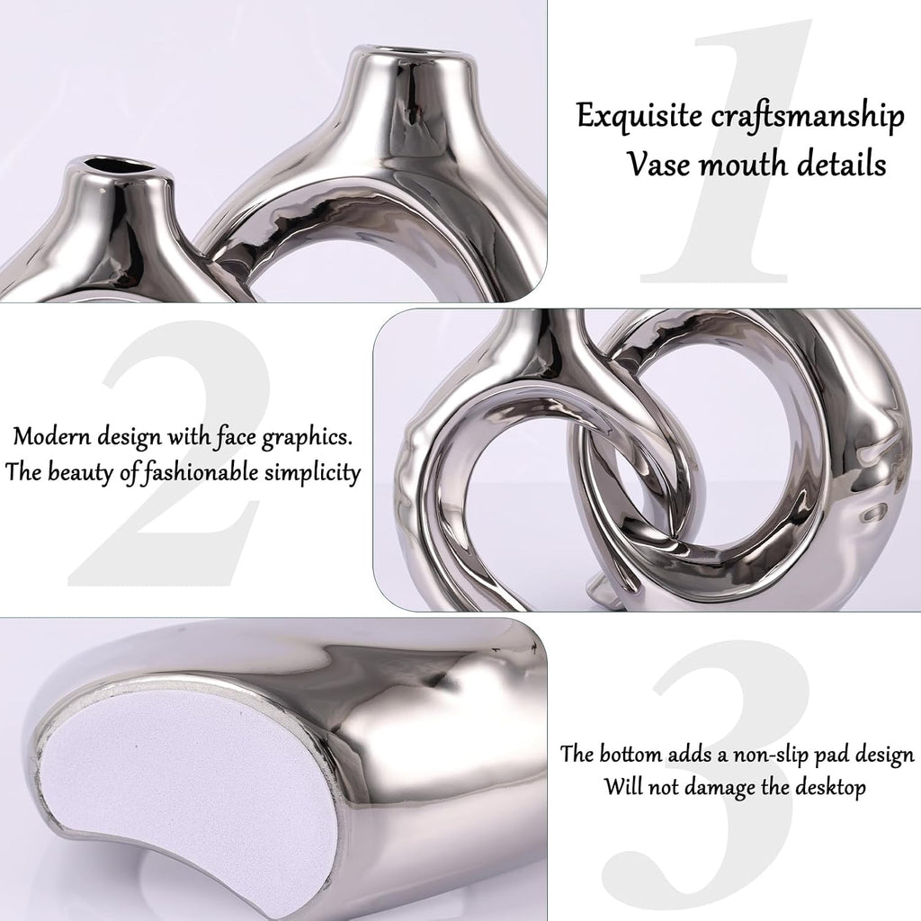 Silver Ceramic Vase Set of 2, Modern Donut Vases for Living Room Decor
