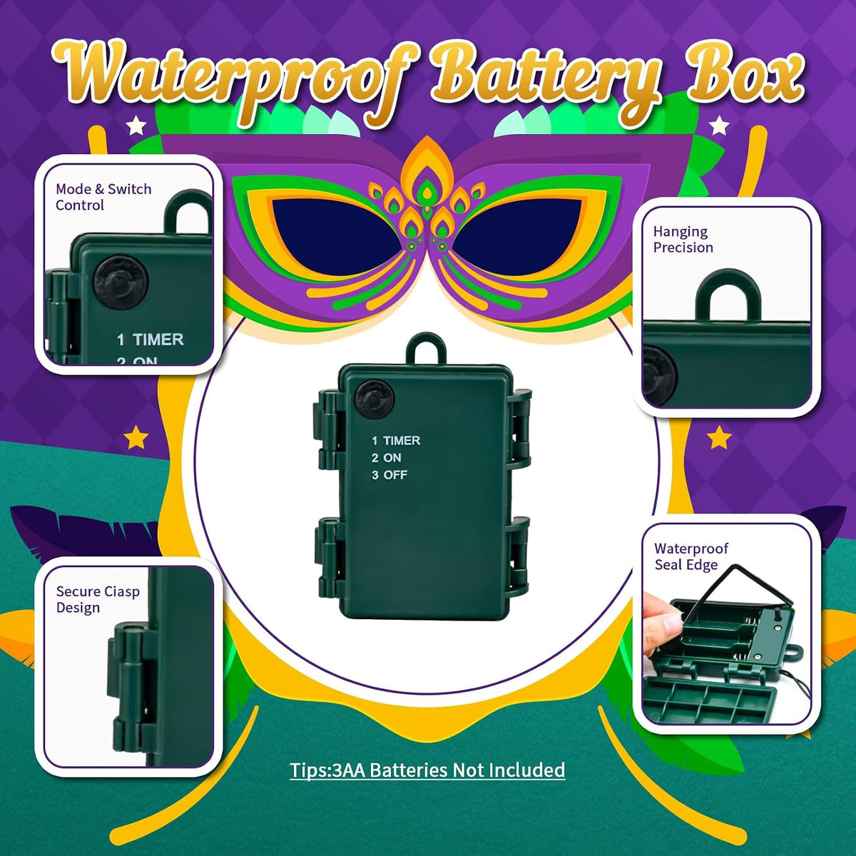cshare Purple Green and Yellow Lights Battery Operated, Mardi Gras Lights with Timer Waterproof 16.4ft 50 LED Indoor Outdoor Mardi Gras Decorations Garland Party Patio Garden Yard