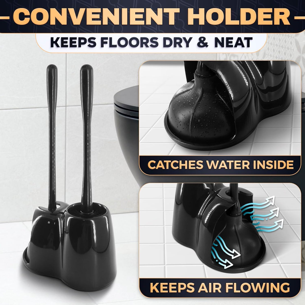 2-in-1 Black Toilet Brush and Plunger Set with Holder, 6.4×5.5×17.1 in