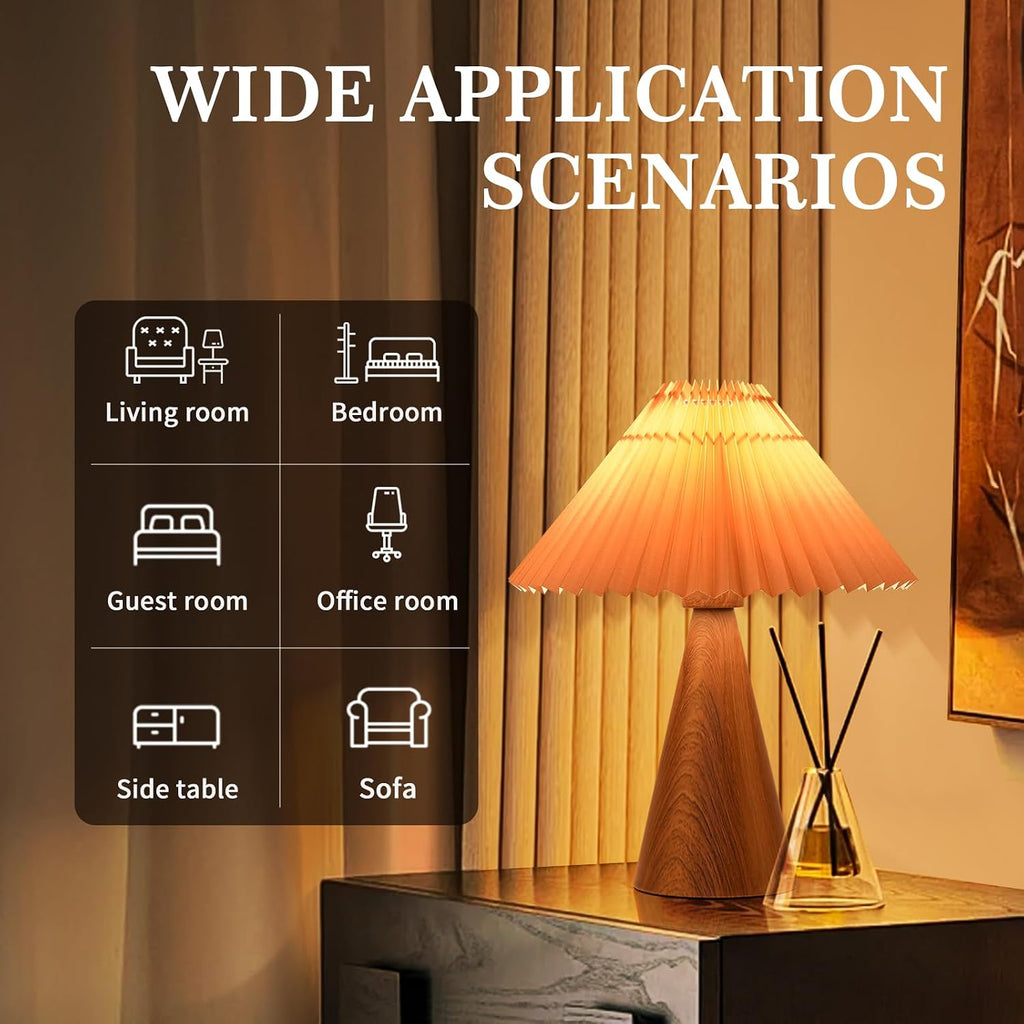 Ziqqeelam Wood Touch Control Table Lamp, Mini Cute Table Lamp, Wooden Grain Bedroom Lamps for Nightstand, Small Scalloped Lamp Shade Table Lamps for Small Spaces for Bedroom,Living Room