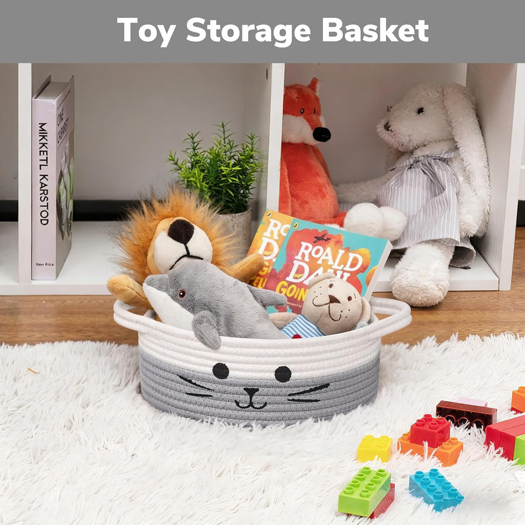 Small Woven Rope Cat Toy Basket with Cat Face Design, White Grey