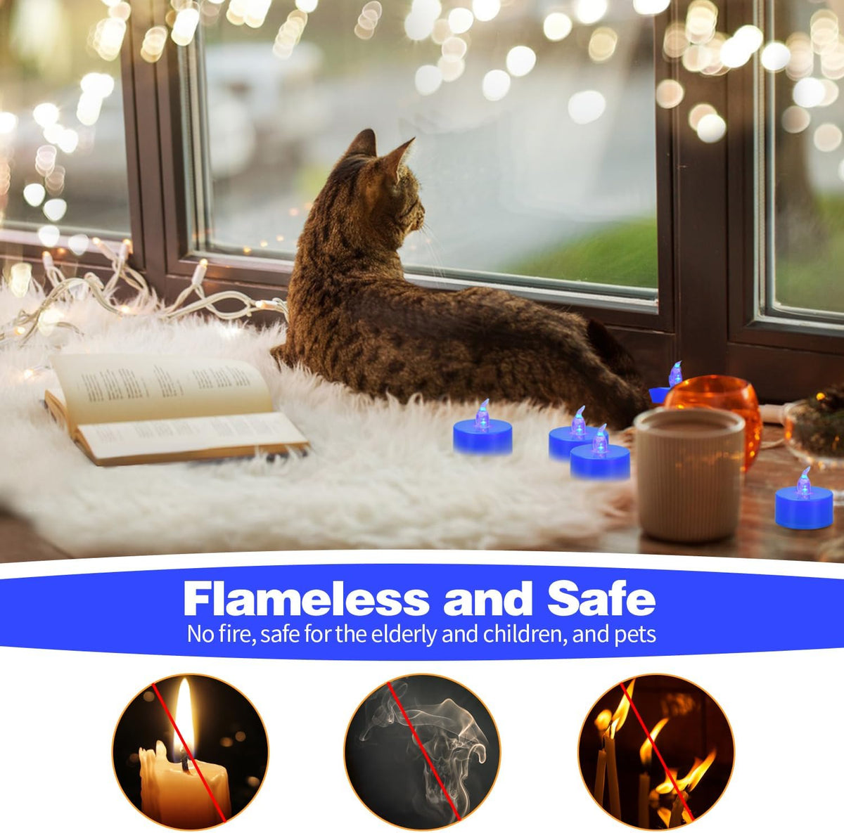 KOABY 12 Pack Blue Light Flameless Tea Lights, Blue Base, Last 100H
