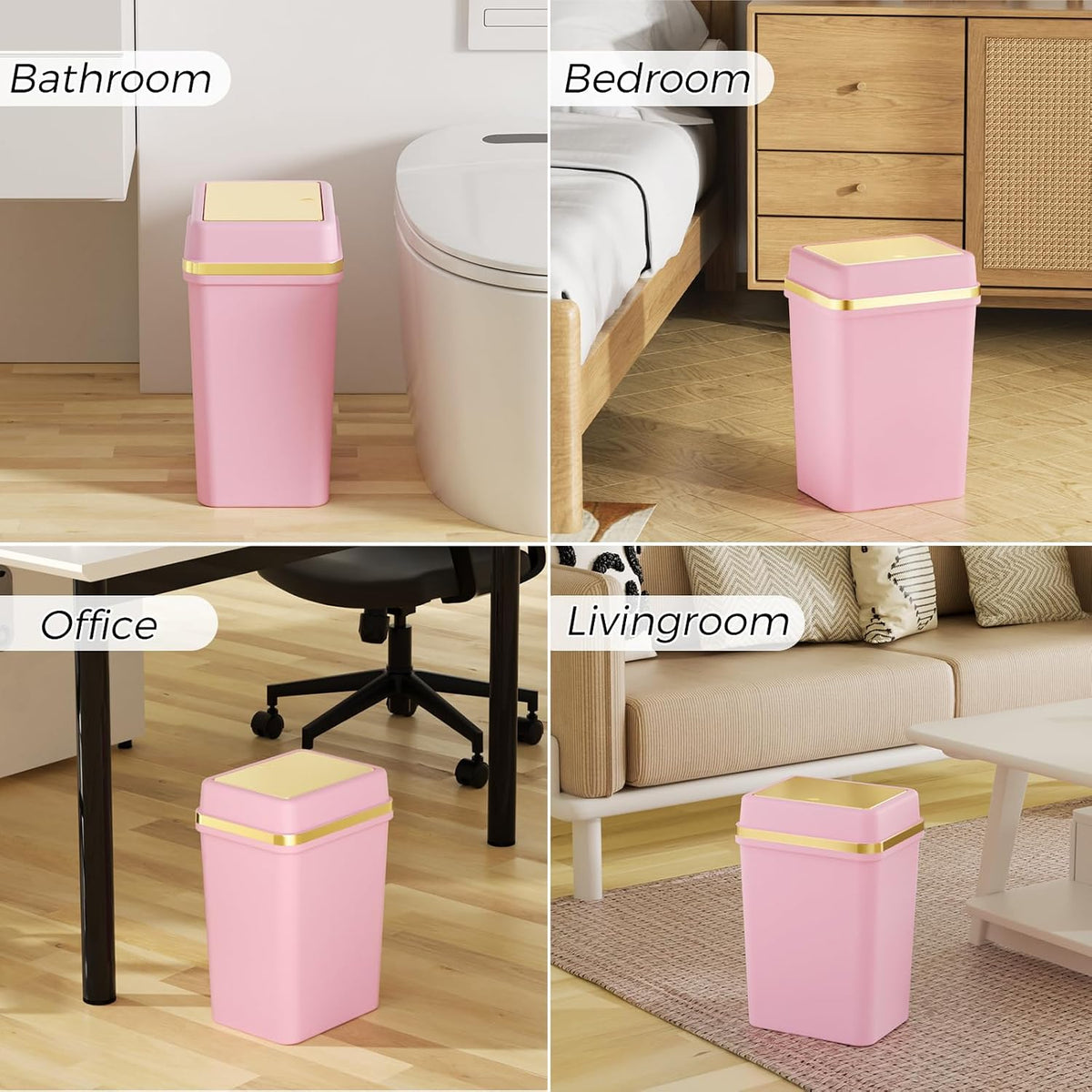 3 Pack Bathroom Trash Can with Lid 4 Gallon Small Trash Can with Press Top Lid Bathroom Garbage Can with 150 Counts Trash Bags for Kitchen Bedroom Office(White Pink Green)