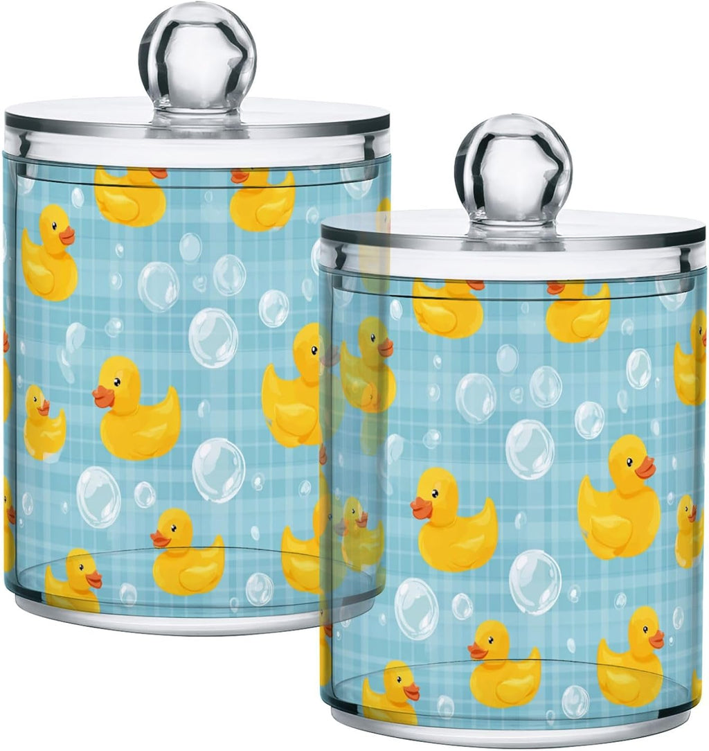 2 Pack Qtip Holder Dispenser Yellow Ducks Soap Bubbles Blue Apothecary Jars with Lids Dog Plastic Acrylic Bathroom Vanity Countertop Canister Storage Organizer for Cotton Ball,Swabs,Pads,Floss