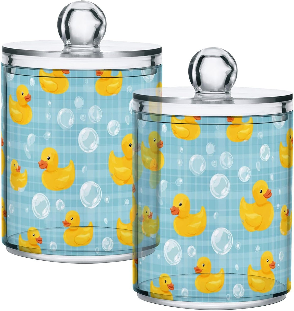 2 Pack Qtip Holder Dispenser Yellow Ducks Soap Bubbles Blue Apothecary Jars with Lids Dog Plastic Acrylic Bathroom Vanity Countertop Canister Storage Organizer for Cotton Ball,Swabs,Pads,Floss