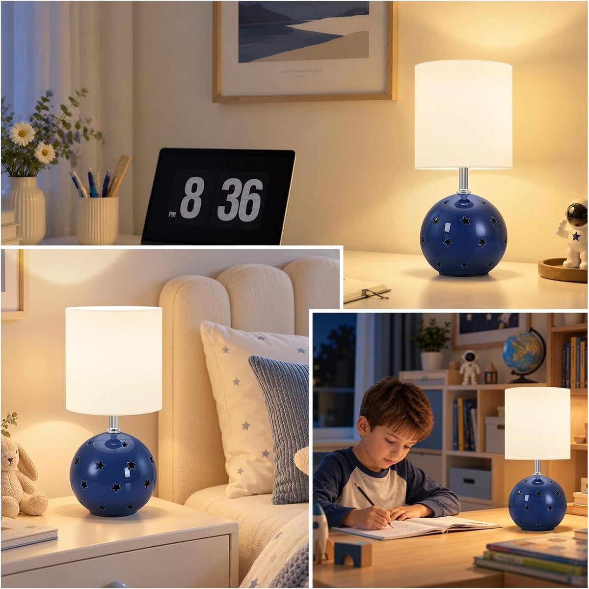 Small Table Lamp, 14" Navy Ceramic Bedside Lamp for Girls Kids Bedroom,Dorm