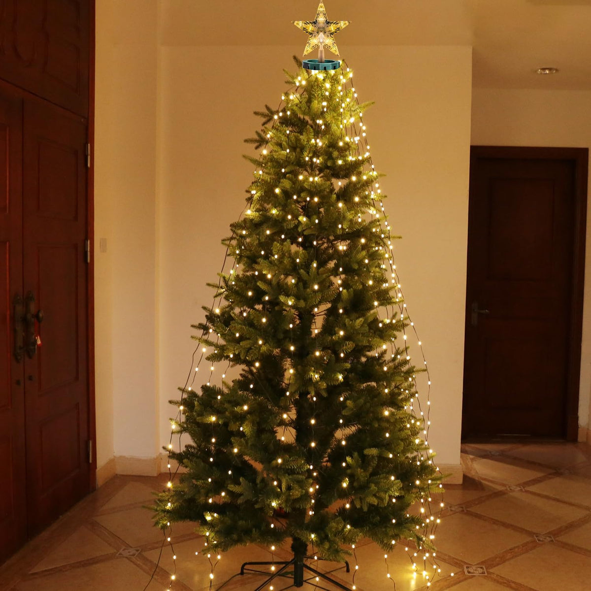 Christmas Tree Lights with Star Topper, 400LED Christmas String Lights with Ring for Tree, 6.6FT x 16 Lines Fairy Lights with 8 Modes Timer Remote for Indoor Outdoor Xmas Tree Decor, Warm White