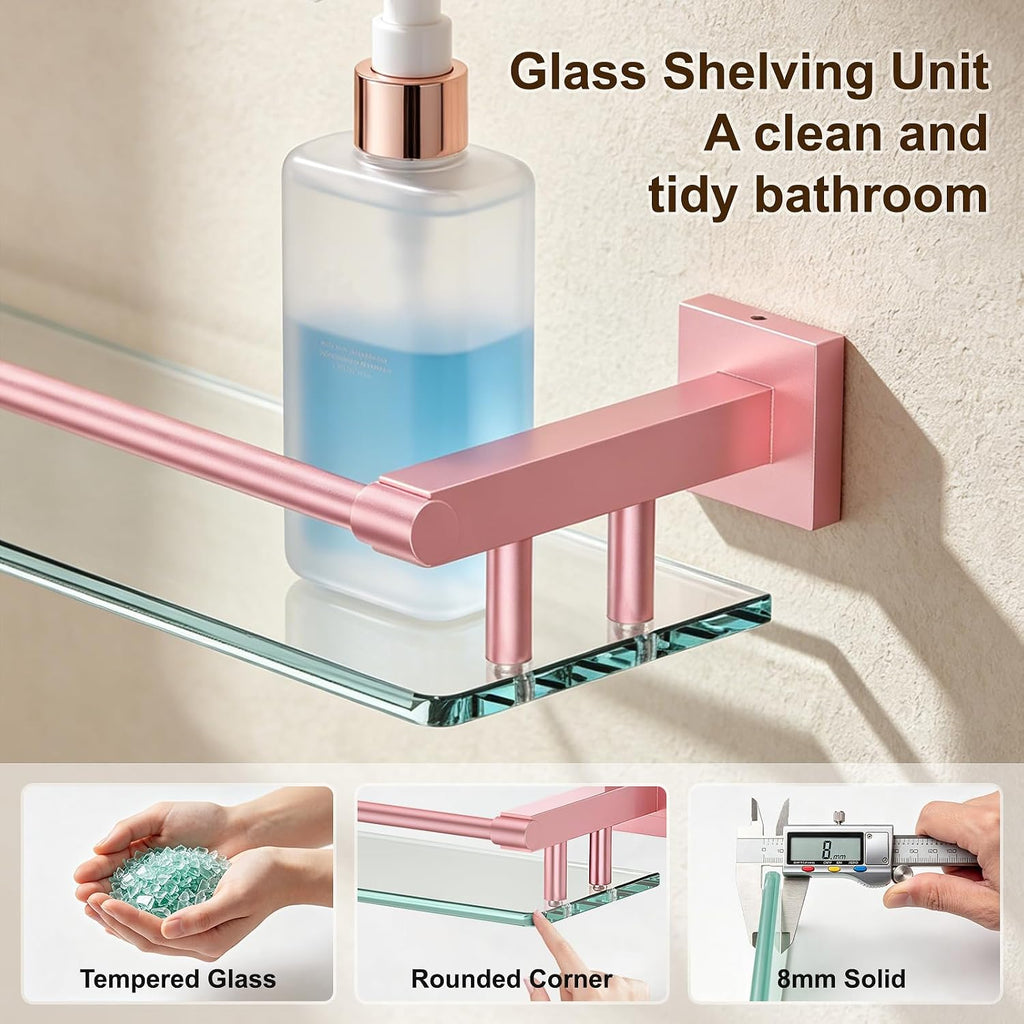 Glass Shelf for Bathroom Rectangular Stainless Steel Tempered Glass Modern Stainless Steel Wall Mount Shelf (Pink, 24″ with Railing)