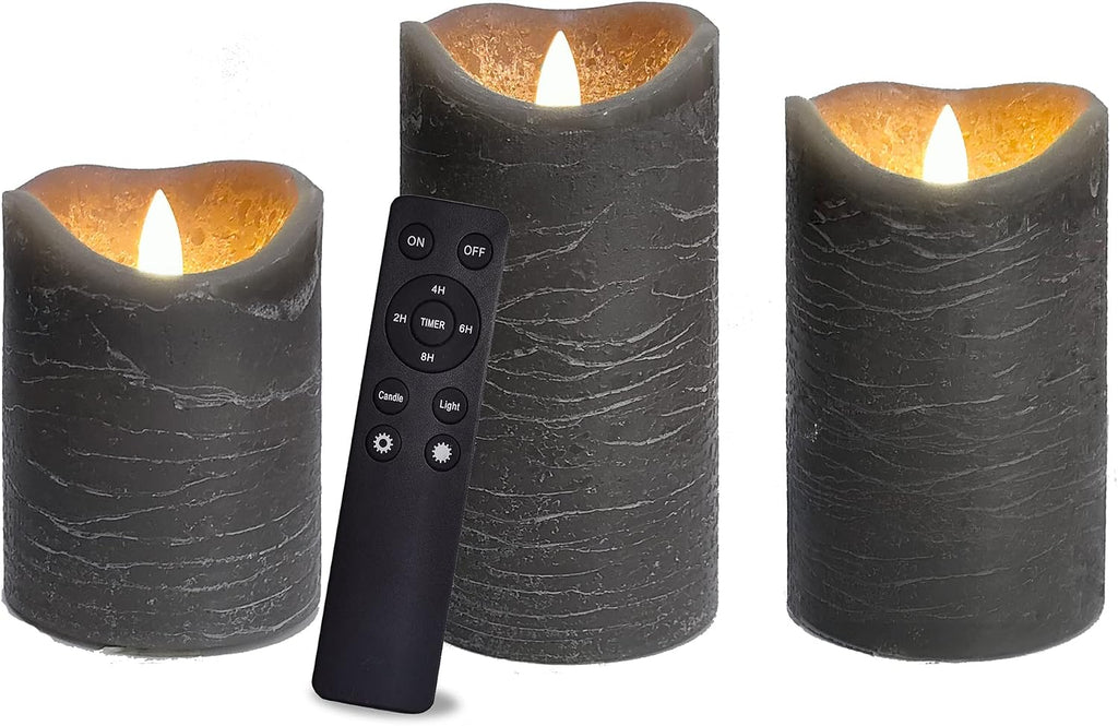 iZAN 3 Pack Real Wax Flameless Pillar Candles, 3”D X 4" 5" 6" H (Grey)