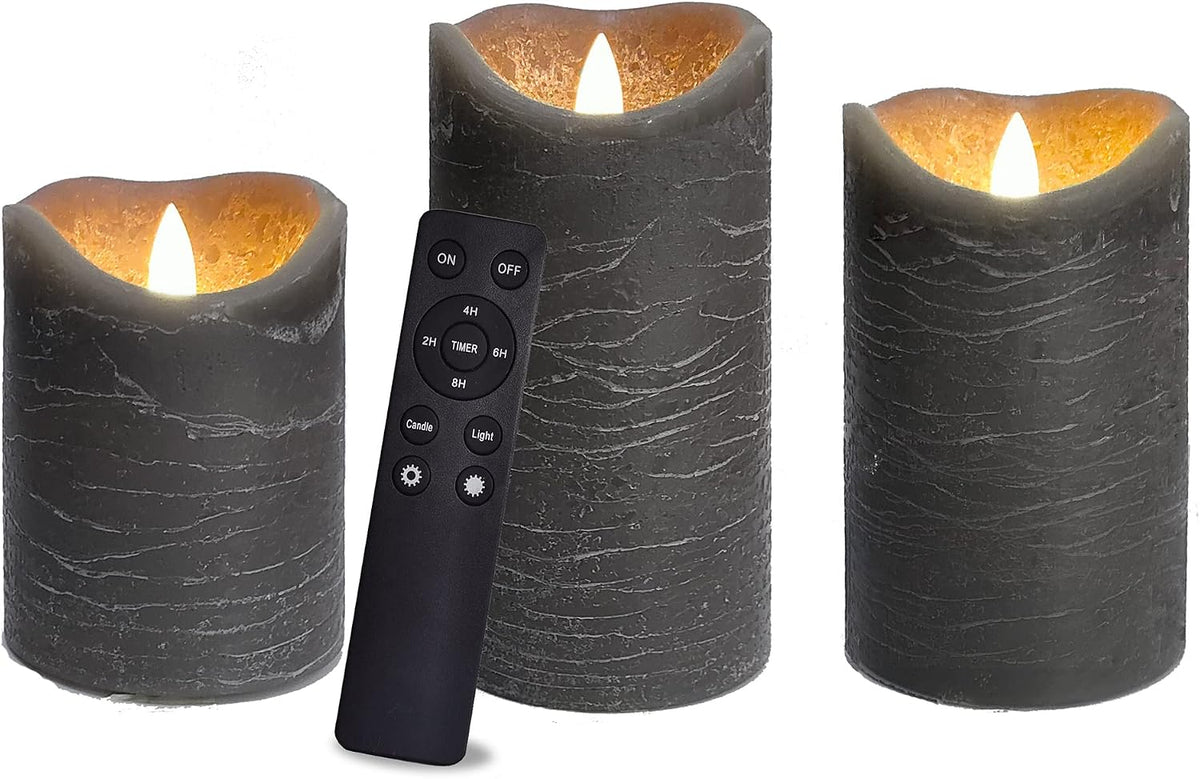 iZAN 3 Pack Real Wax Flameless Pillar Candles, 3”D X 4" 5" 6" H (Grey)