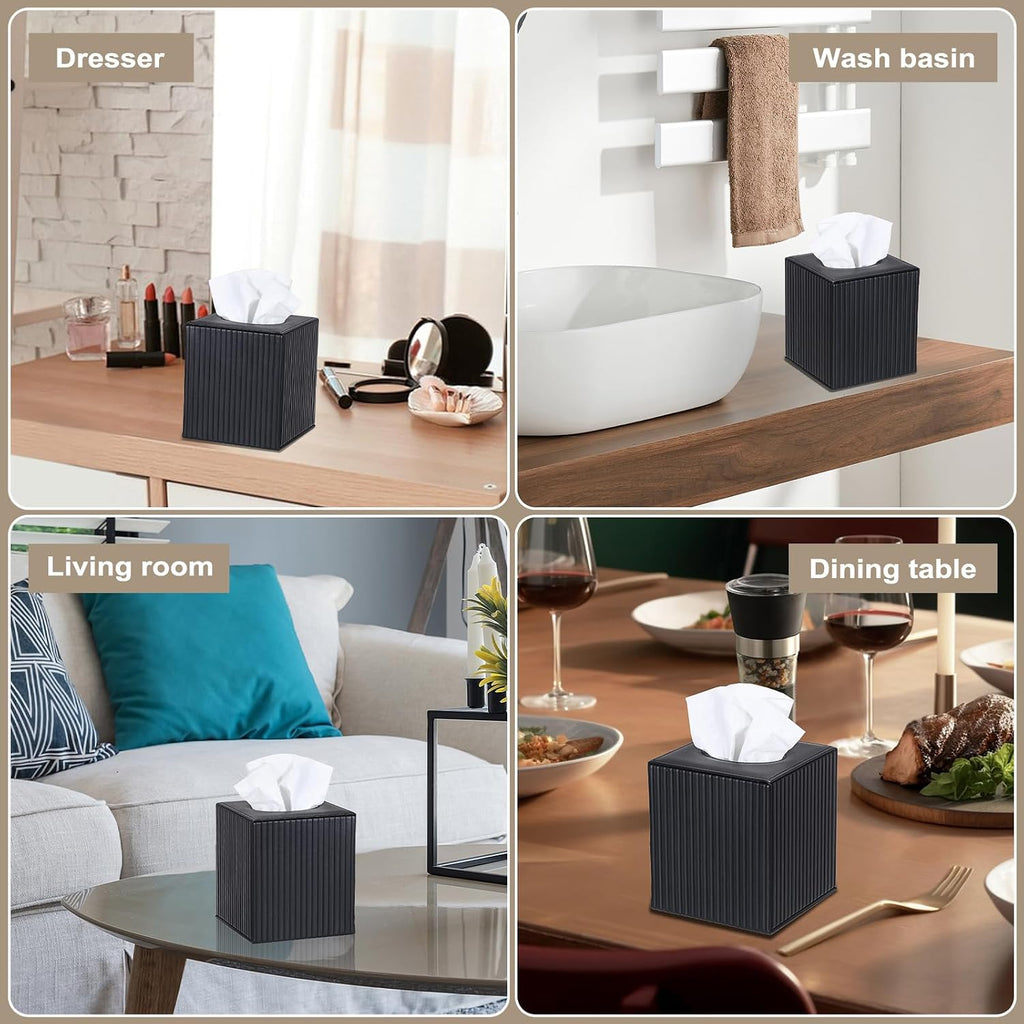 Sumnacon PU Leather Tissue Box Cover Modern Square Tissue Box Holder with Magnetic Closure Decorative Tissue Dispenser Stripes Textured Tissue Holder for Bathroom Car Home Office, Black