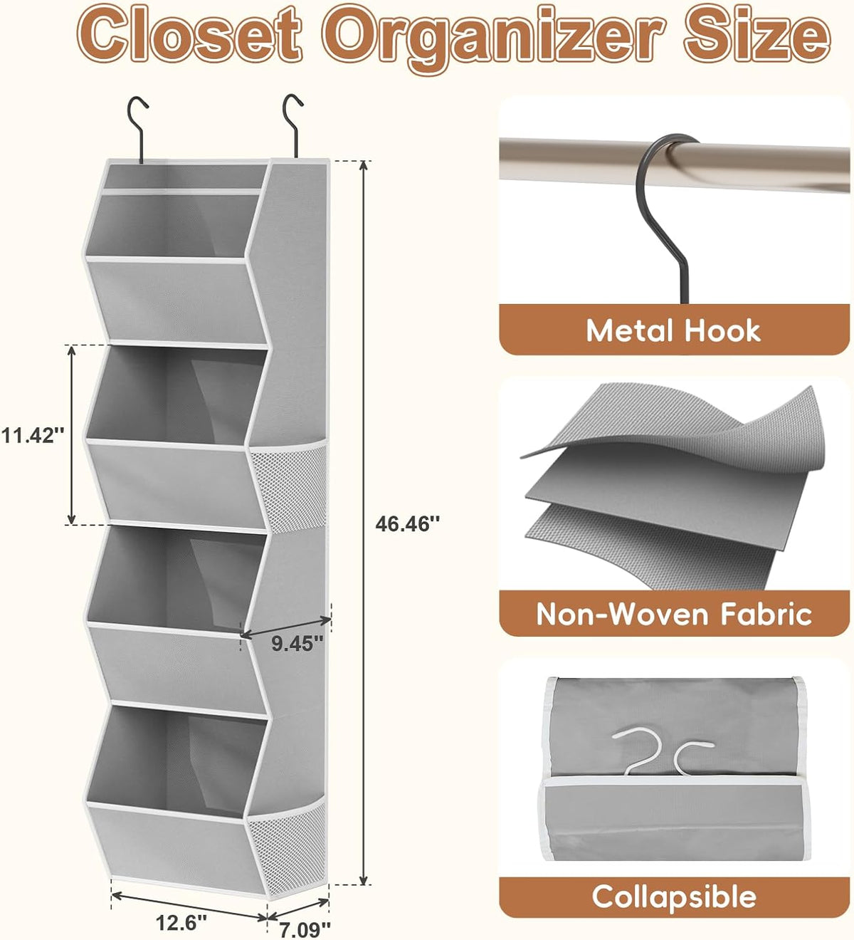 Closet Organizers and Storage Hanging with Mesh Pockets for Clothes, Grey