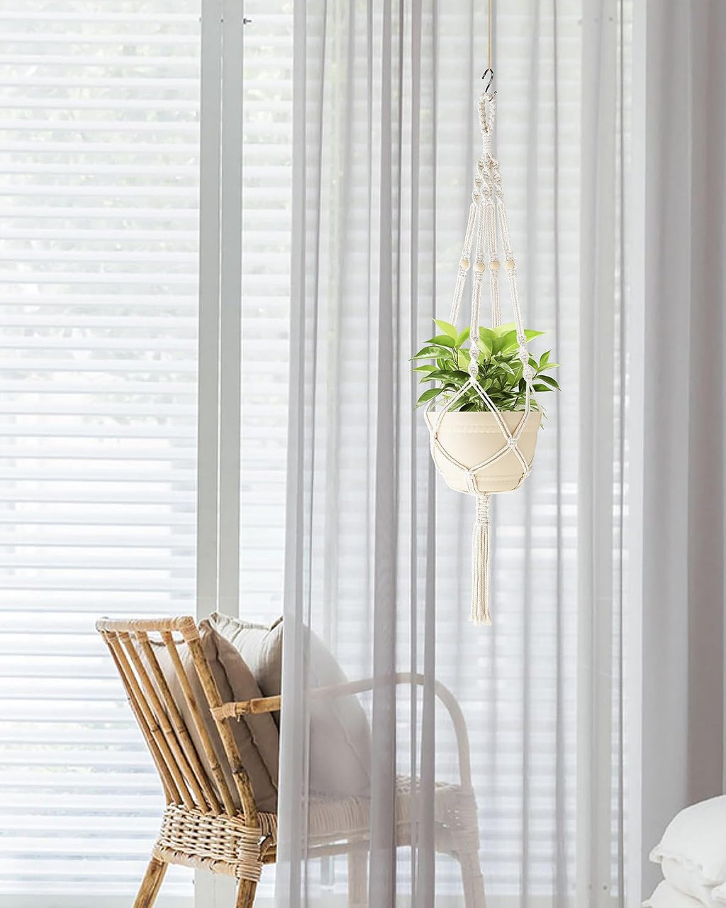 Macrame Plant Hanger Indoor with Wood Beads and Tassels,Hanging Planter Flower Pot Holder Boho Home Decor,41 Inch,Ivory(Pots Not Included)
