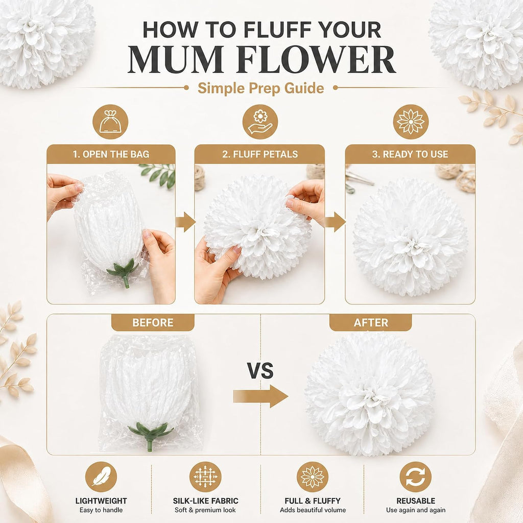 DZrudun 6Pcs White Homecoming Mum Flowers, 6.5 Inch Artificial Mum Flowers