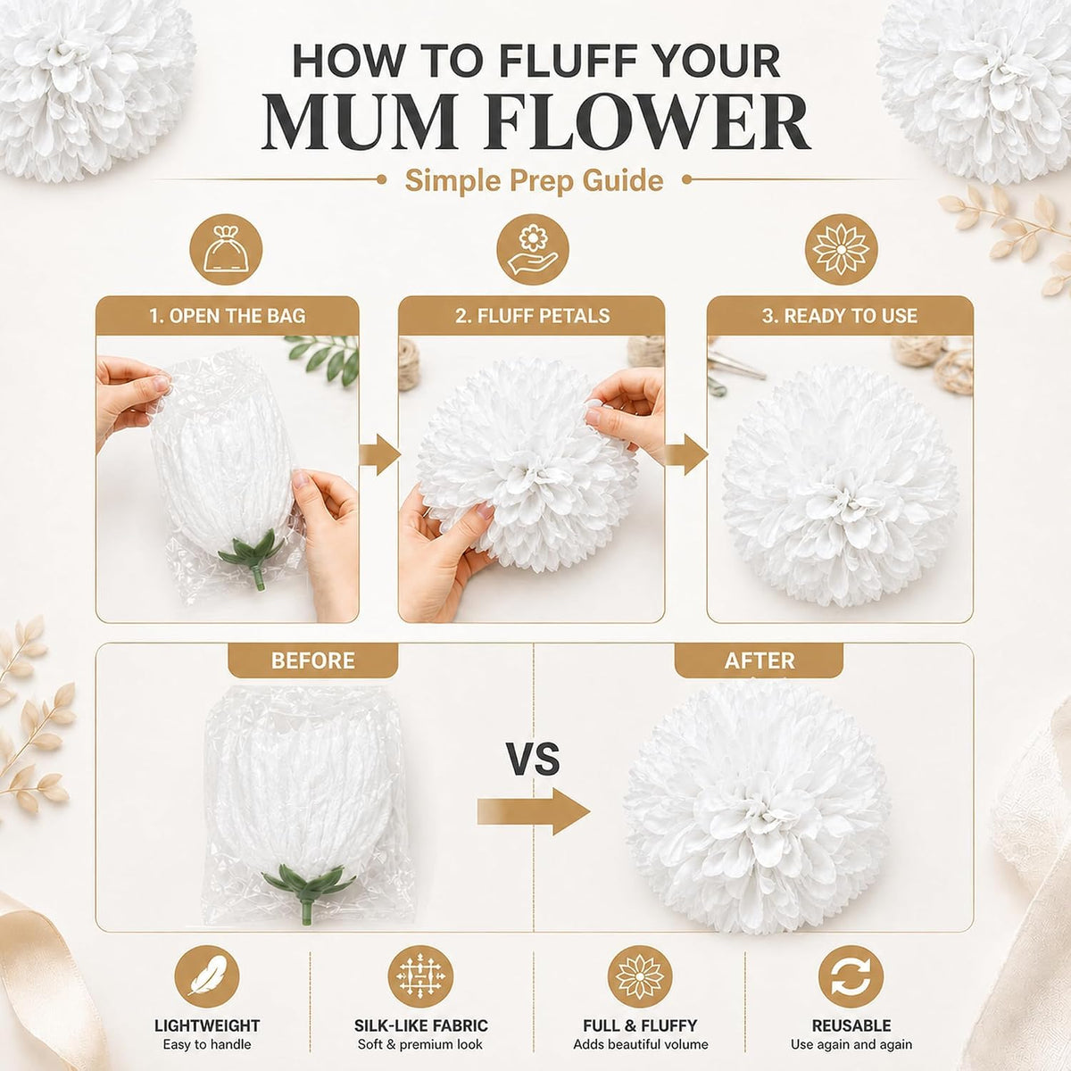 DZrudun 6Pcs White Homecoming Mum Flowers, 6.5 Inch Artificial Mum Flowers