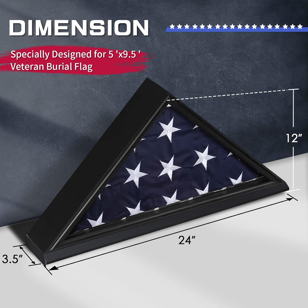 Flag Display Case, Thick Bottom Edge Military Flag Box with High Transparent Glass Front, Solid Wood Wall Mounted Flag Case Shadow Box for 5'x9.5' American Veteran Burial Flag (Black)