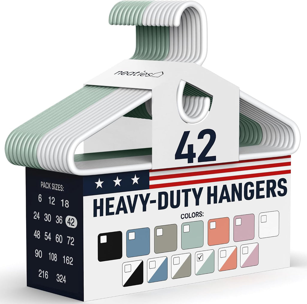 Heavy Duty Clothes Hangers 42 Pack – Made in the USA – 8lb Capacity Plastic Hangers for Adult Clothing – Durable for Pants, Coats, Jackets, or Jeans – White & Mint