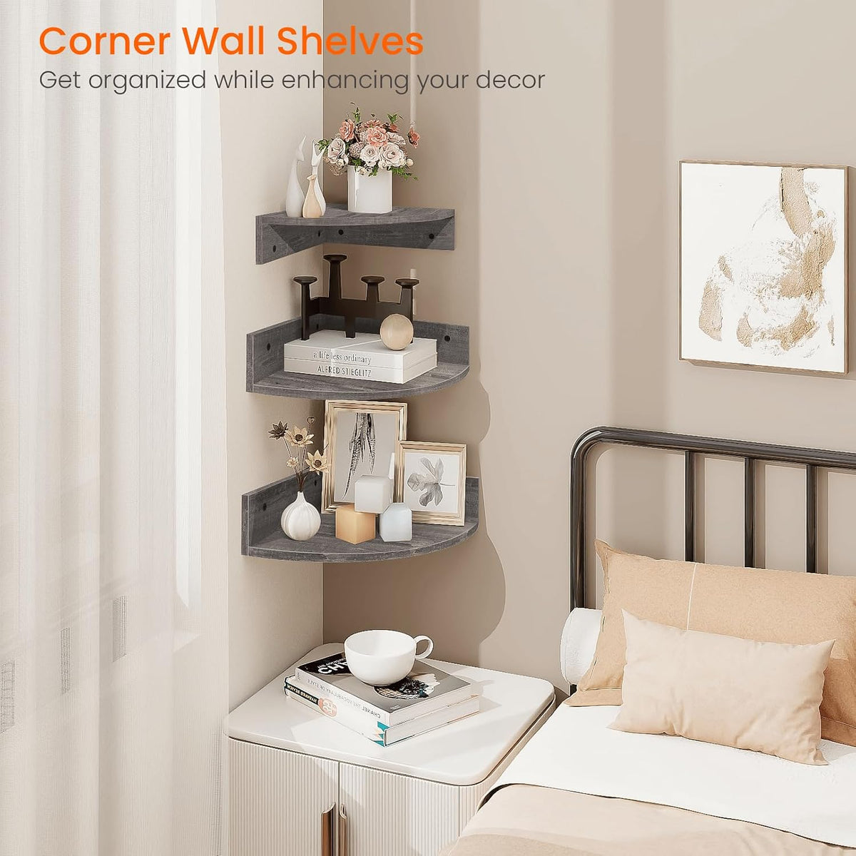 Homode Corner Floating Shelves, Set of 3 Corner Wall Shelves for Storage and Display, 3 Tier Wood Hanging Shelf Organizer for Cable Box, for Bedroom, Bathroom, Kitchen, Rustic Grey