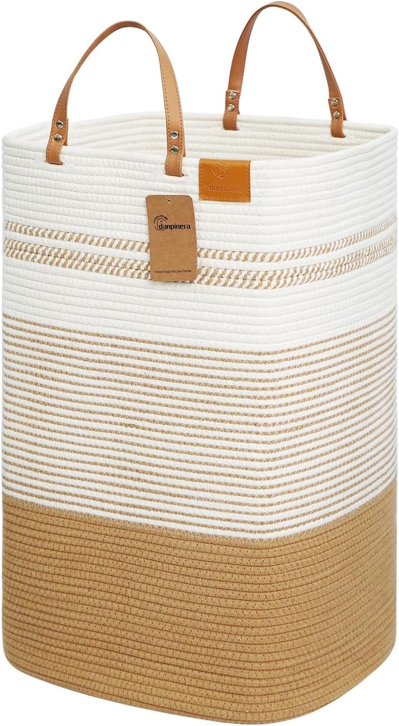 danpinera Large Laundry Hamper – 75L Tall Woven Cotton Storage Basket with Leather Handles, Slim Dirty Clothes Hamper, Decorative Storage Basket for Blanket,Toys White & Jute