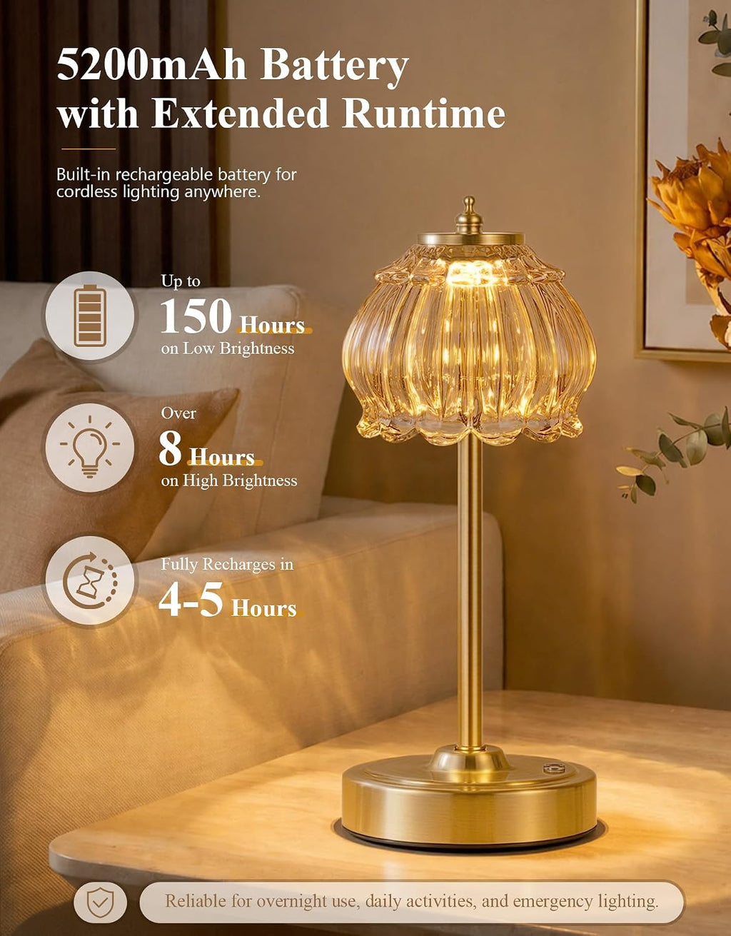 ROTTOGOON Cordless Table Lamp, Glass Rechargeable Battery Operated Lamp, 3-Way Stepless Dimming Touch Lamps, Small Glass Bedside Nightstand Light for Bedroom Dining Table Living Room