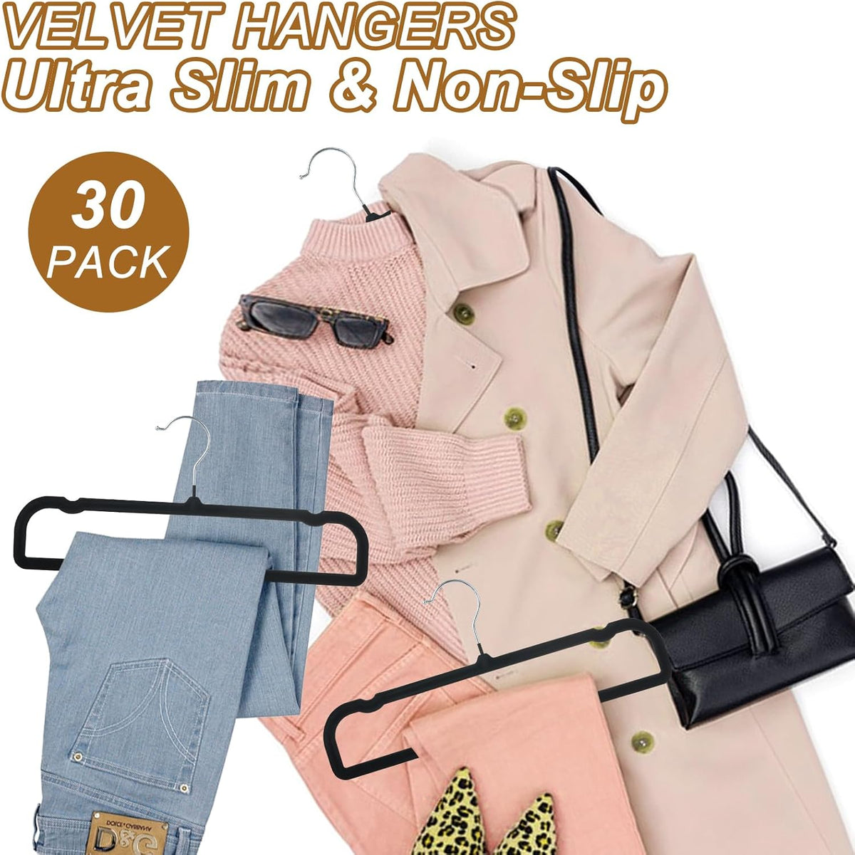 Velvet Pants Hangers Non Slip, 30 Pack Velvet Hangers for Closet with Porous Hooks, Strong Durable Space Saving Slim Clothes Hanger, Ultra Soft Flocked Hanger for Pants/Shirts/Bra/Shorts (Black)