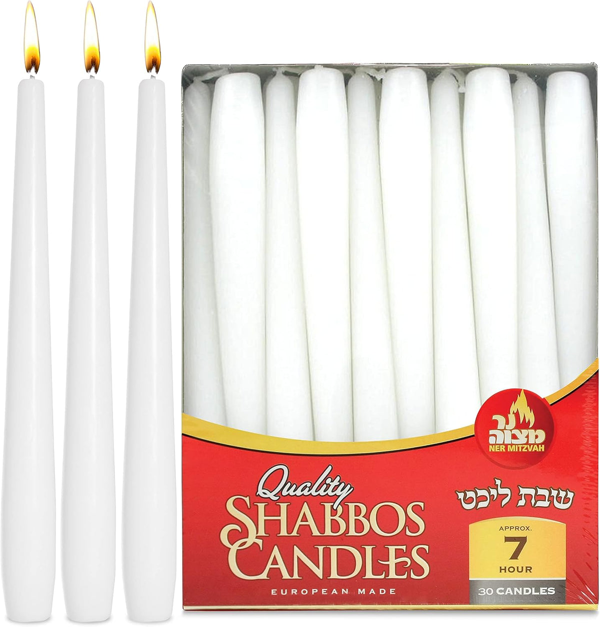 Ner Mitzvah Classic 8 Inch Taper Candles for Shabbat, Dinner Tables, Restaurants, Ceremonies and Emergency, 7 Hour Burn Time - White (Pack of 30)