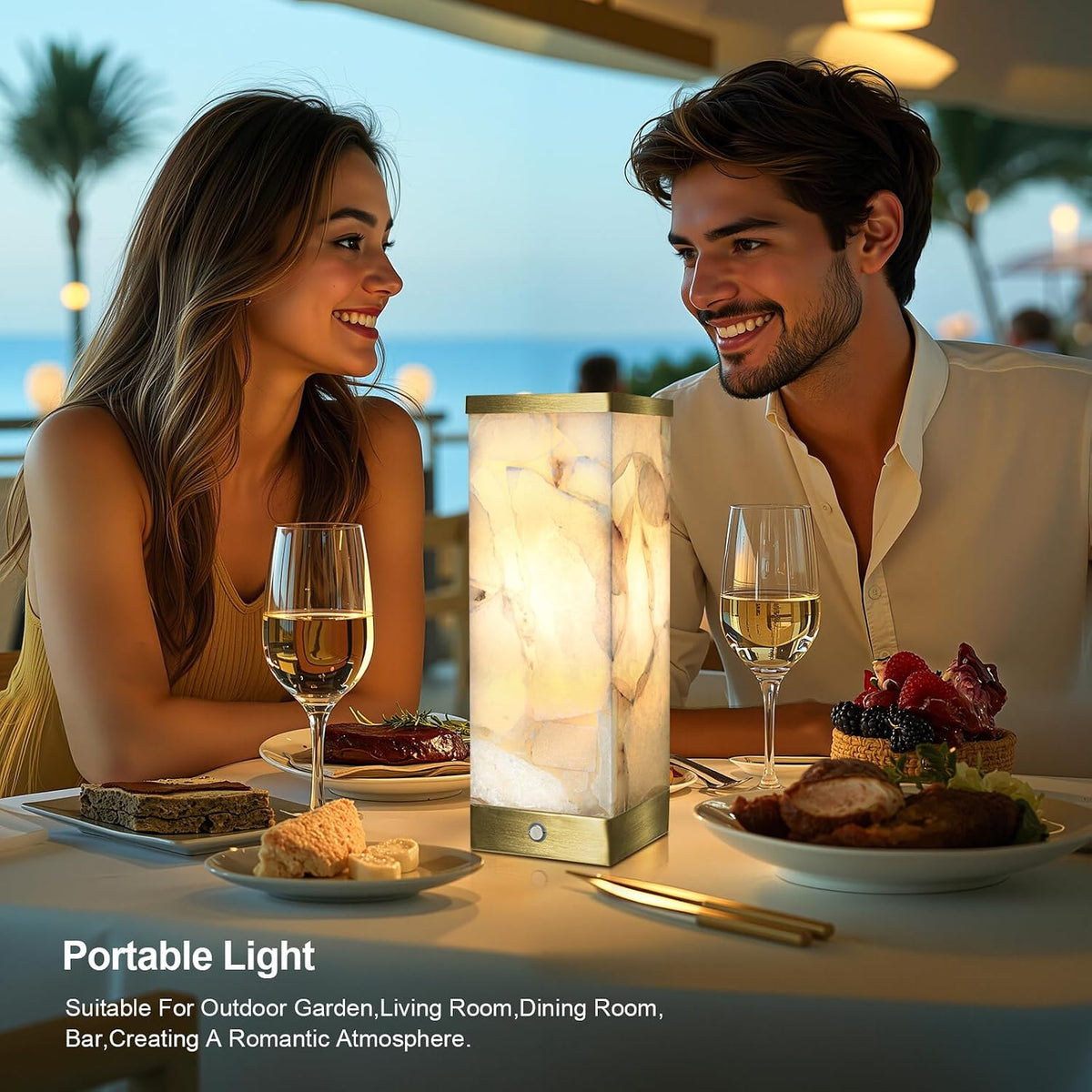 Scenekoy Modern Alabaster Rechargeable Cordless Table Lamp for Living Room