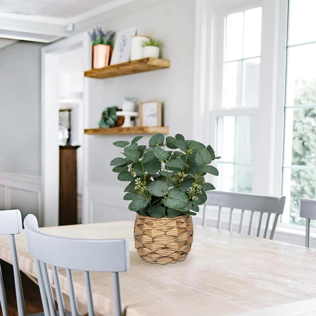 DILATATA Artificial Eucalyptus Stems in Woven Basket Planter, 11" Fake Plant Eucalyptus Leaves with White Seeds Faux Potted Plant Greenery for Table Centerpiece Office Indoor Home Decor
