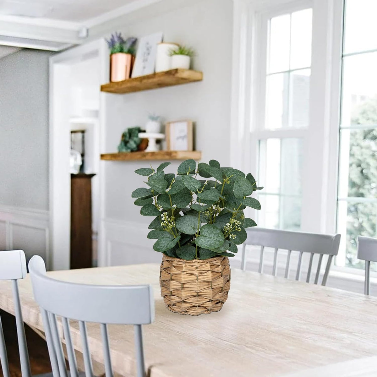 DILATATA Artificial Eucalyptus Stems in Woven Basket Planter, 11" Fake Plant Eucalyptus Leaves with White Seeds Faux Potted Plant Greenery for Table Centerpiece Office Indoor Home Decor