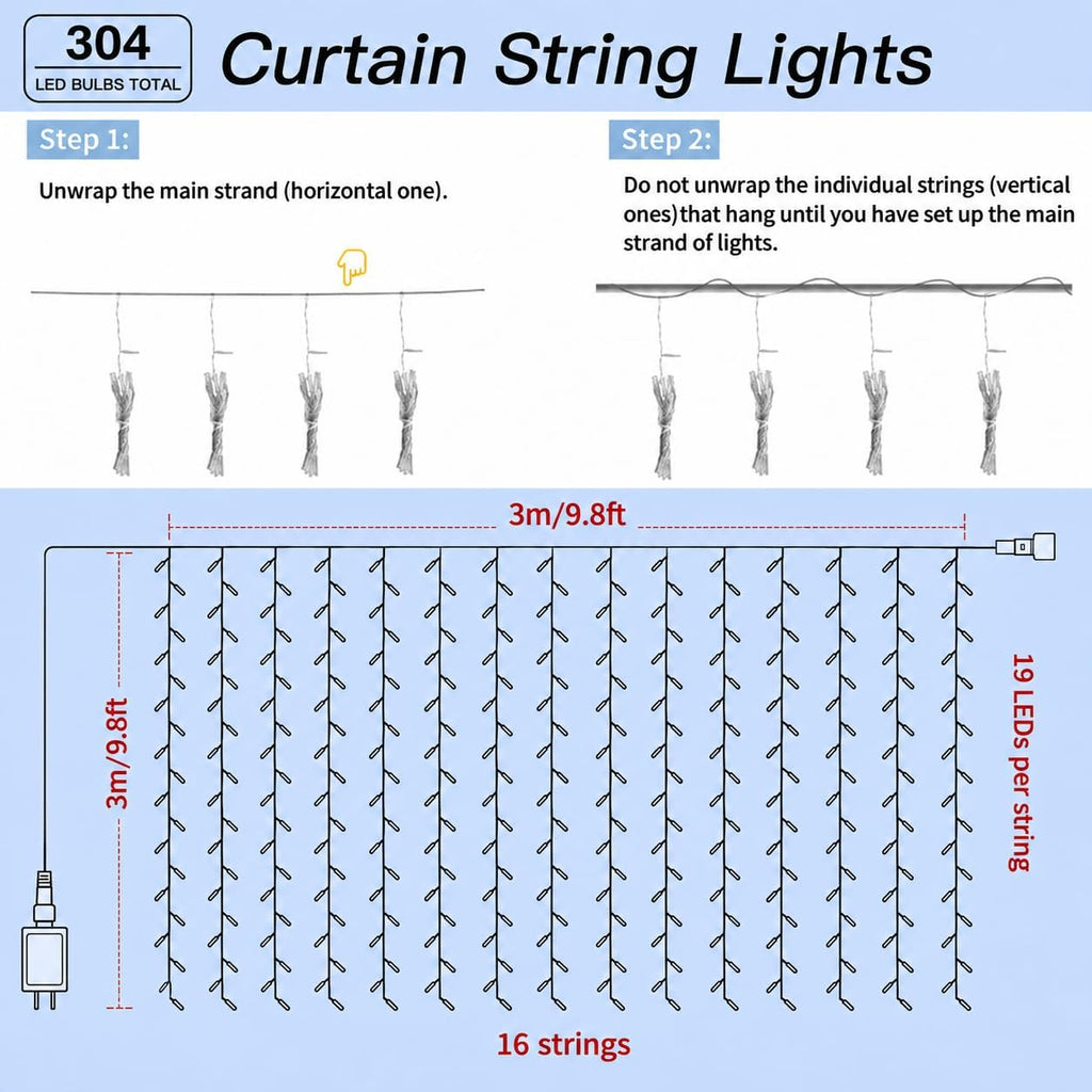 304 LED Curtain Lights, 9.8FT x 9.8FT Fairy Lights for Bedroom