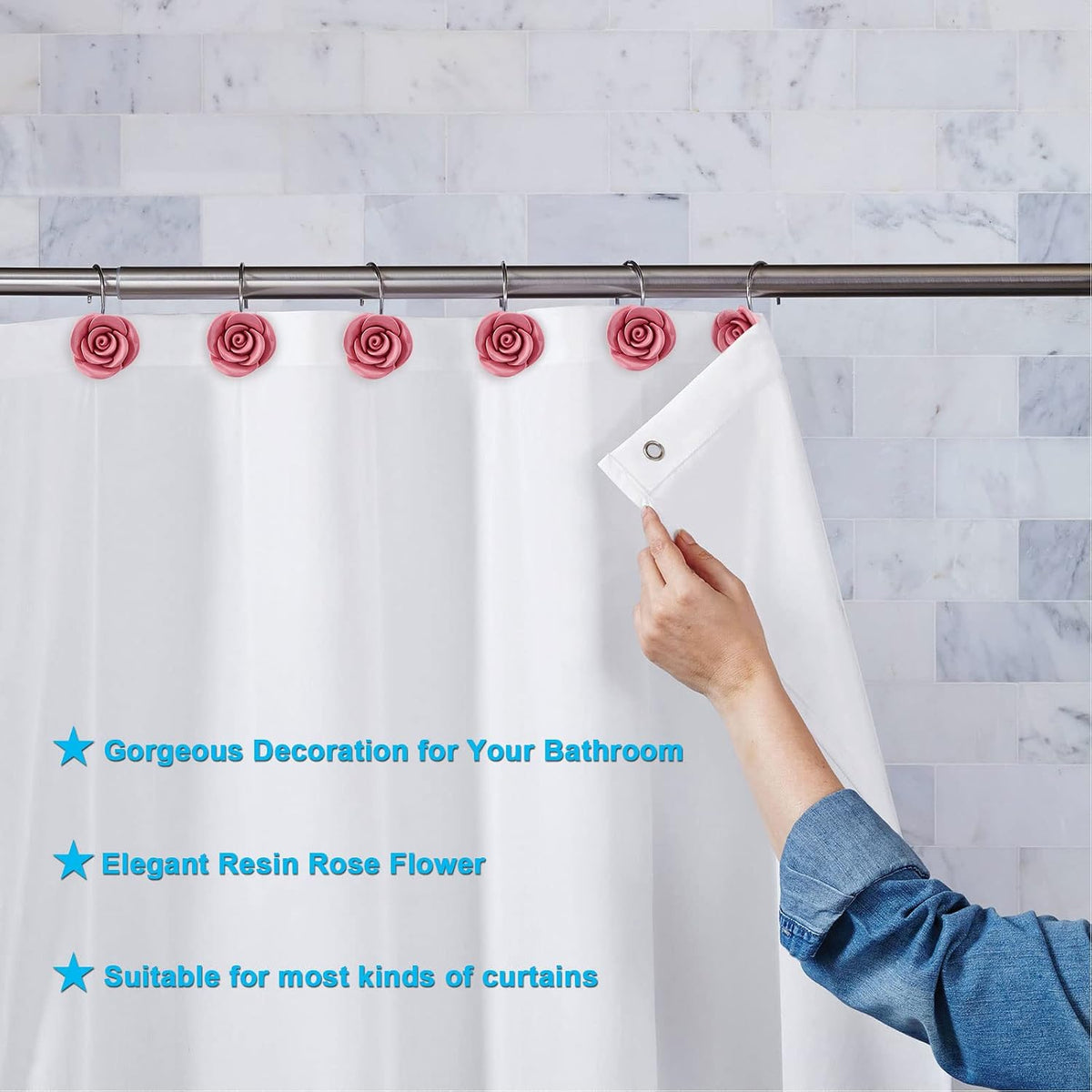 AGPTEK Rose Shower Curtain Hooks, 12PCS, Pink Rose