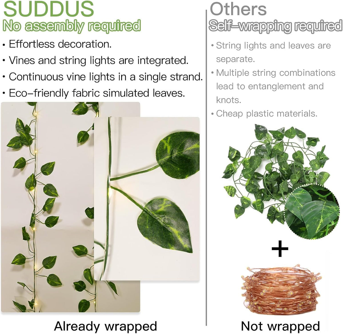 suddus 33FT 100LED Pothos Vine Fairy Lights Battery Operated Copper Wire