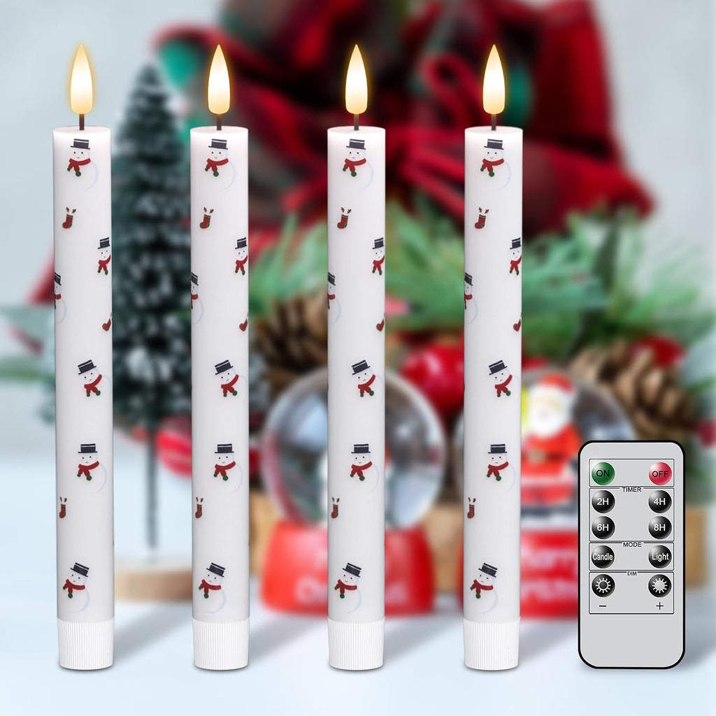 GenSwin Christmas Taper Candles with Snowman Decals, 4 Pack LED Taper Candles with Timer, Real Wax Flickering LED Flickering Flameless Candlesticks with Christmas Prints for Home Decor(0.78” x 9.6”)