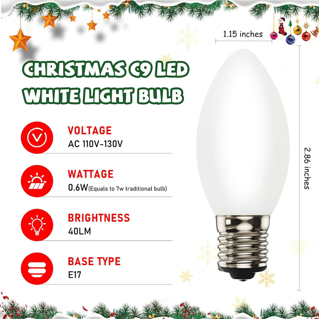C9 LED Replacement Christmas Lights Bulbs, Plastic Shatterproof LED Bulbs for Christmas Outdoor Patio String Lights, 0.6W Equivalent to 7W, White Night Light Bulbs, E17 Intermediate Base, 25 Pack