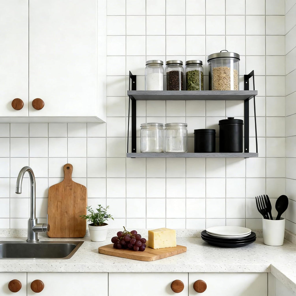 SRIWATANA Gray 2-Tier Floating Shelves, Wood Wall Storage Shelf Unit