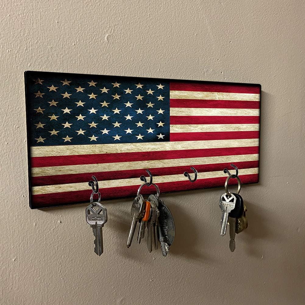 Brotherhood Subdued Distressed American Flag Old Glory Key Holder Organizer Wall Mount Rack for Holders the Home Keys Ring Decorative Hangers Decor Hook Hanger