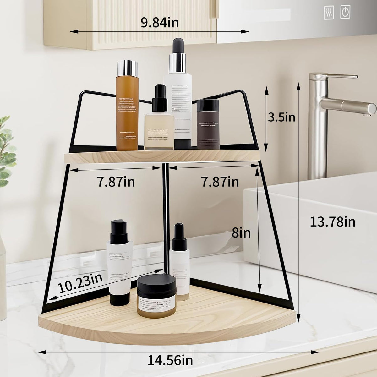 2 Tier Bathroom Counter Organizer,Standing Rack Cosmetic Holder,Wood Bathroom Organizer,Vanity Organizer Bathroom Counter Tray,for Bathroom,Bedroom (Black)