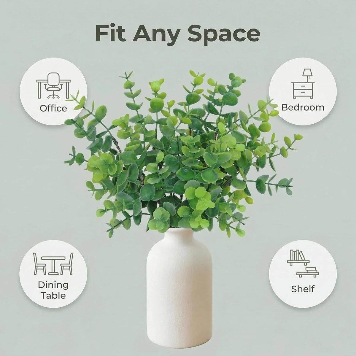 7Pcs 12" Artificial Sage Eucalyptus in Frosted Ceramic Vase for Desk Decor