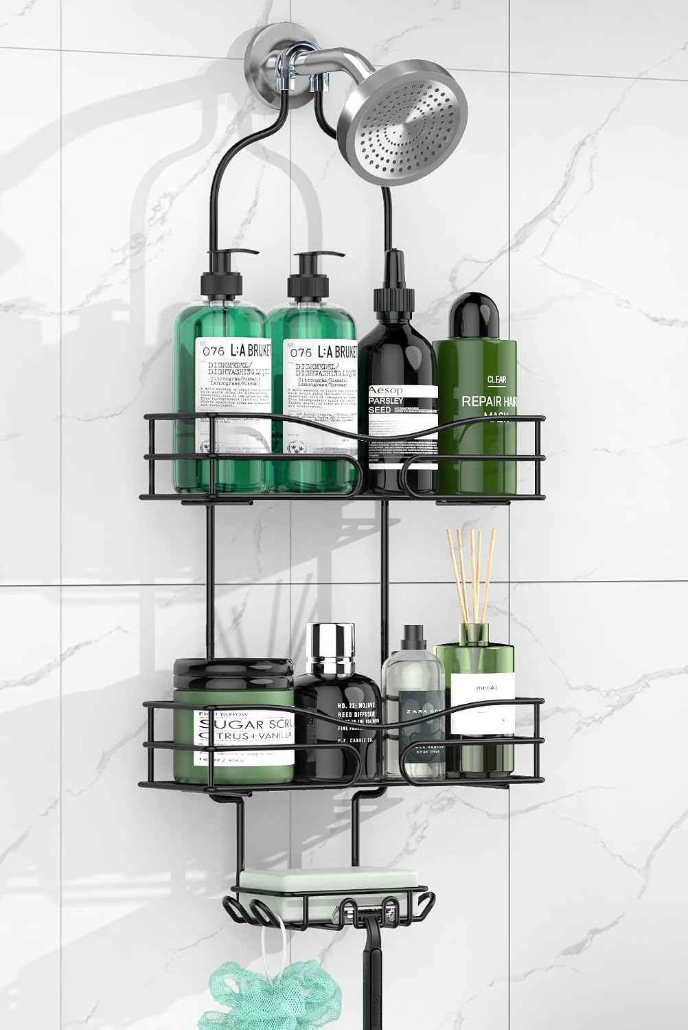 DAOYA Bathroom Shower Caddy Hanging - 3-Tier Organizer with Soap Holder & 6 Hooks for Towels, Sponge; Fits 21mm Shower Head Arm, Black