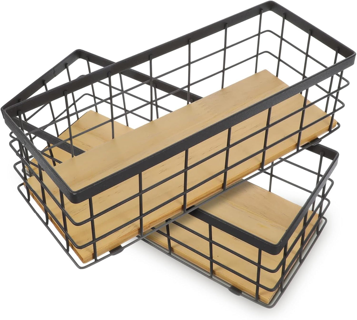 Set of 2 Small Wire Baskets, Narrow Black Metal Storage Bins for Bathroom Counter & Kitchen, Farmhouse Rustic Organizer Trays for Pantry, Office, RV, Countertop Decoration