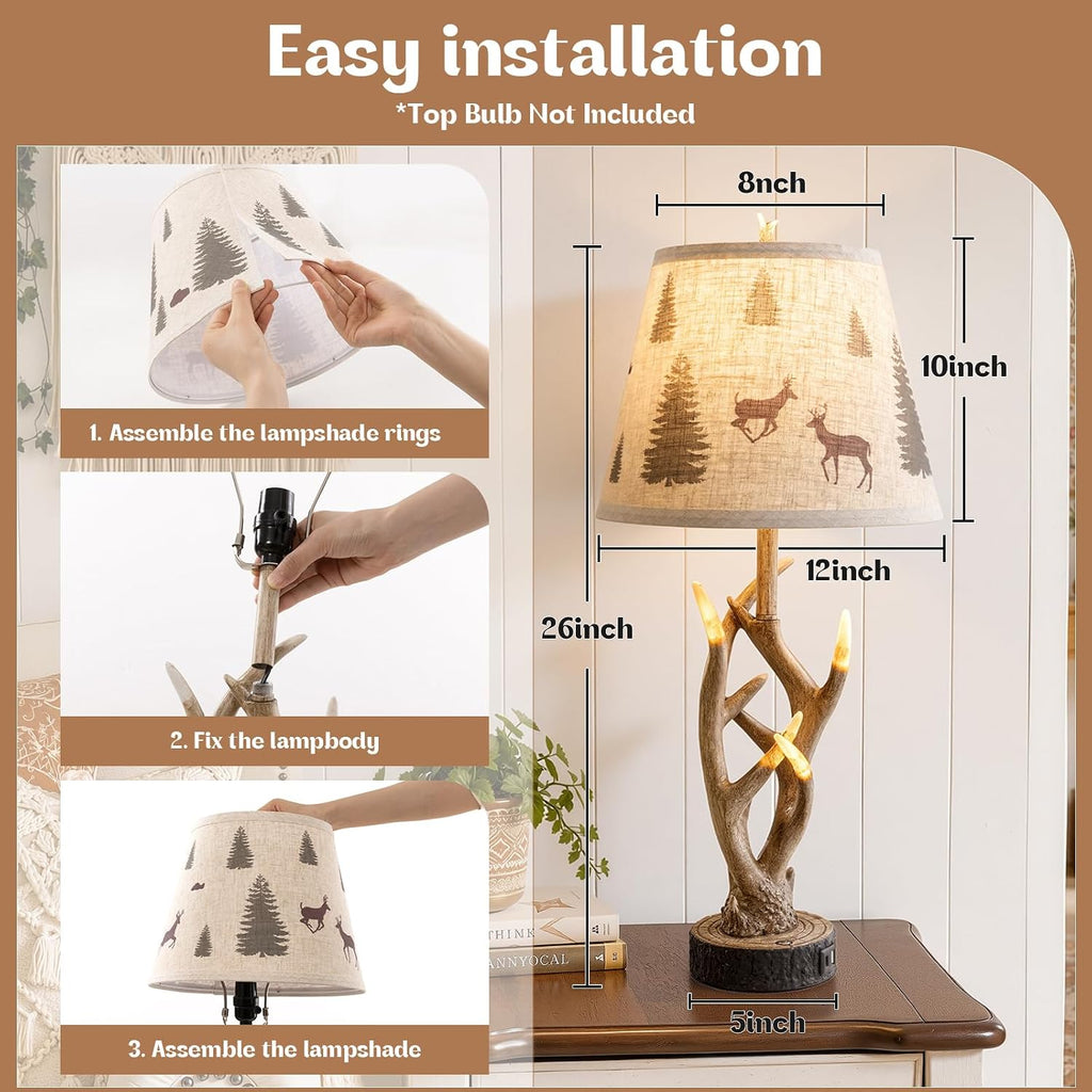 Dungoo 26" Rustic Antler Table Lamp Set of 2 for Bedroom with USB- C Port