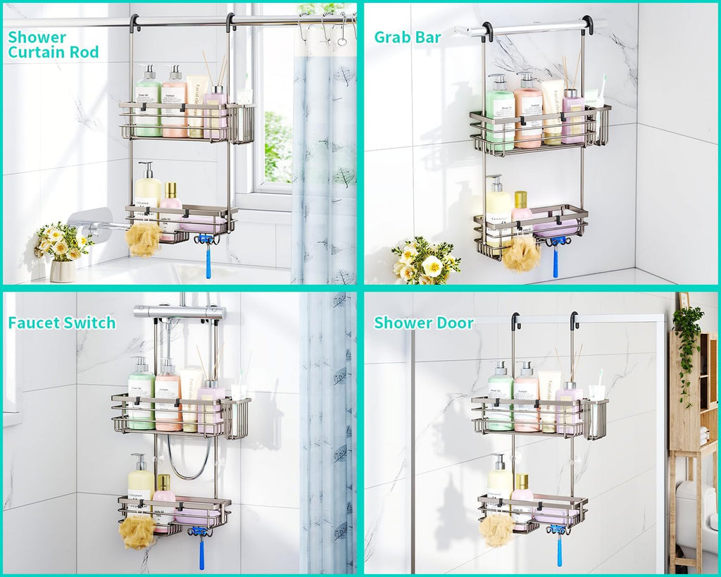 HapiRm Hanging Shower Caddy Organizer - No Drilling Shower Shelves with Hooks and Toothbrush Holder, Rustproof 304 Stainless Steel Bathroom Organizer - Brushed Nickel