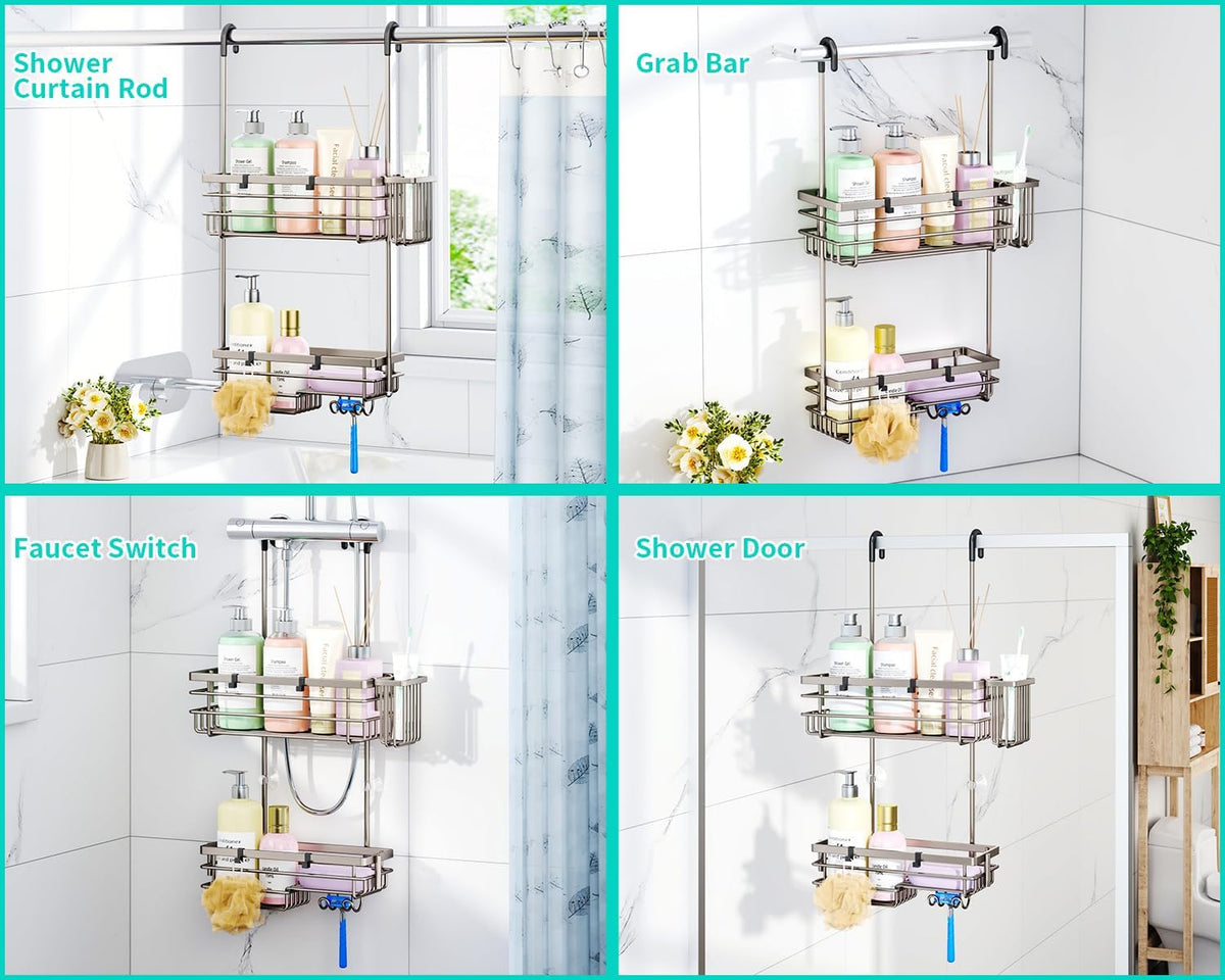 HapiRm Hanging Shower Caddy Organizer - No Drilling Shower Shelves with Hooks and Toothbrush Holder, Rustproof 304 Stainless Steel Bathroom Organizer - Brushed Nickel