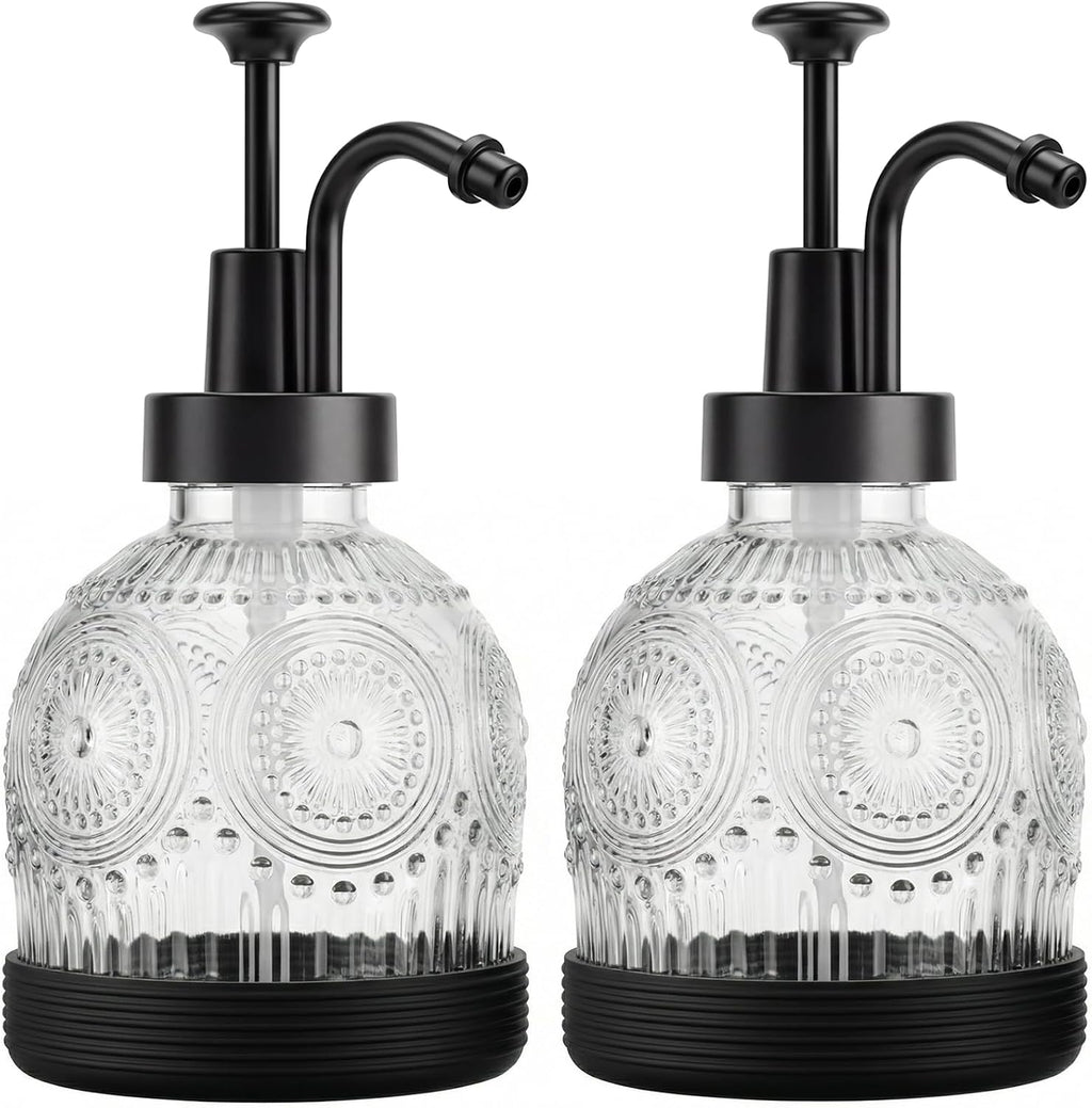 Glass Hand and Dish Soap Dispenser Set, Vintage Farmhouse Refillable Soap Dispenser with Black Pump & Non-Slip Mat, for Bathroom Kitchen Shampoo Lotion, Rustic Antique Decor (2 PCS, White)