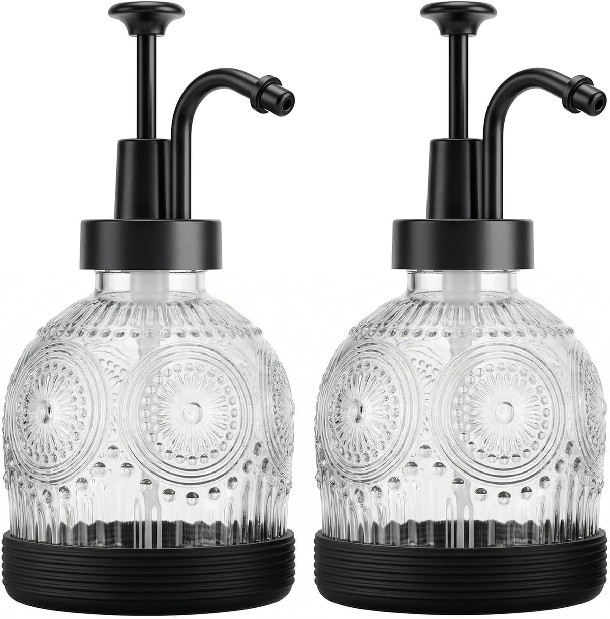 Glass Hand and Dish Soap Dispenser Set, Vintage Farmhouse Refillable Soap Dispenser with Black Pump & Non-Slip Mat, for Bathroom Kitchen Shampoo Lotion, Rustic Antique Decor (2 PCS, White)