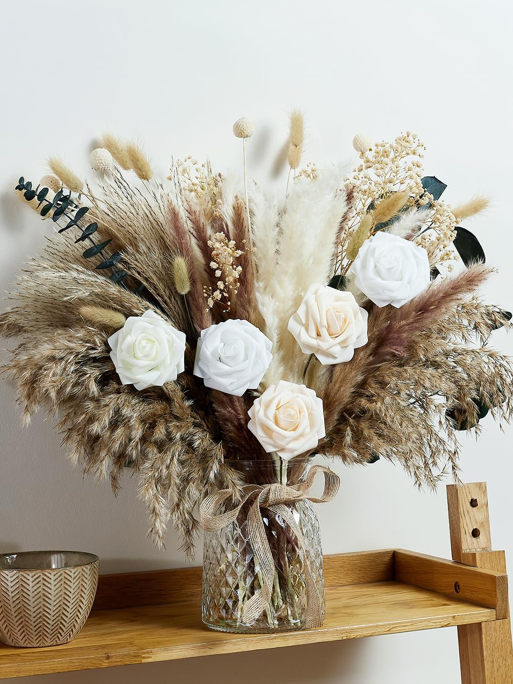 Wracra 100pcs Artificial Flowers in Vase; Dried Pampas Grass Floral