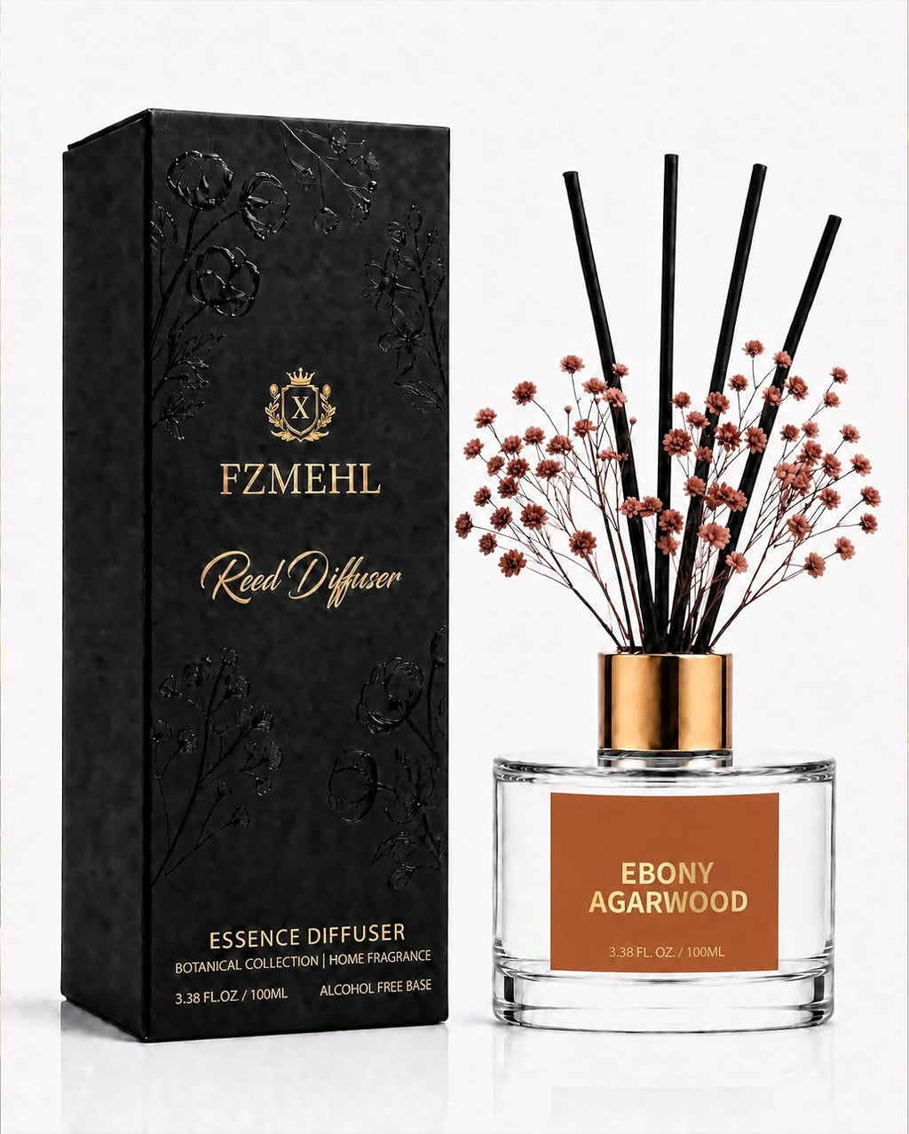 Reed Diffuser Set, Ebony Agarwood, 3.38 fl oz with 6 Sticks