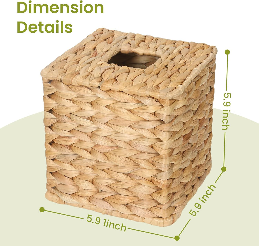 Water Hyacinth Square Tissue Box Cover - Handwoven Natural Fiber Decorative Tissue Holder for Living Room, Bedroom, Bathroom, Fits Standard Square Tissue Boxes, Farmhouse Home Organizer